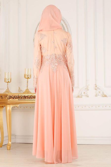 Evening Dresses - Salmon Pink Hijab Evening Dress 7601SMN - 3
