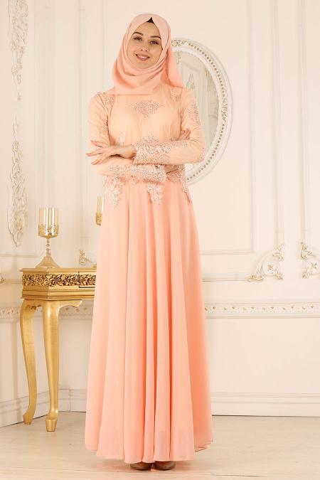 Evening Dresses - Salmon Pink Hijab Evening Dress 7601SMN - 2