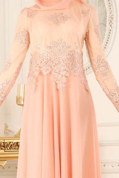 Evening Dresses - Salmon Pink Hijab Evening Dress 7601SMN - 4