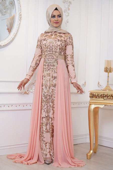 Evening Dresses - Salmon Pink Hijab Evening Dress 7611SMN