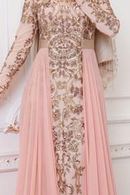 Evening Dresses - Salmon Pink Hijab Evening Dress 7611SMN - Thumbnail