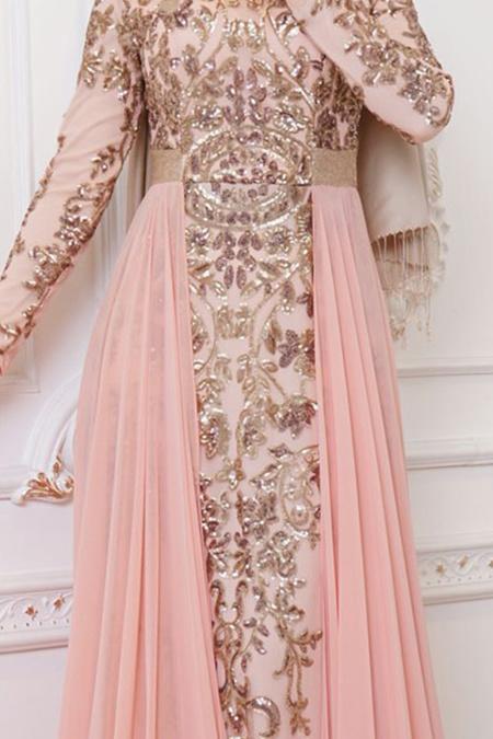 Evening Dresses - Salmon Pink Hijab Evening Dress 7611SMN - 3