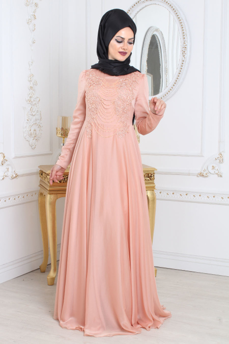 Evening Dresses - Salmon Pink Hijab Evening Dress 7954SMN