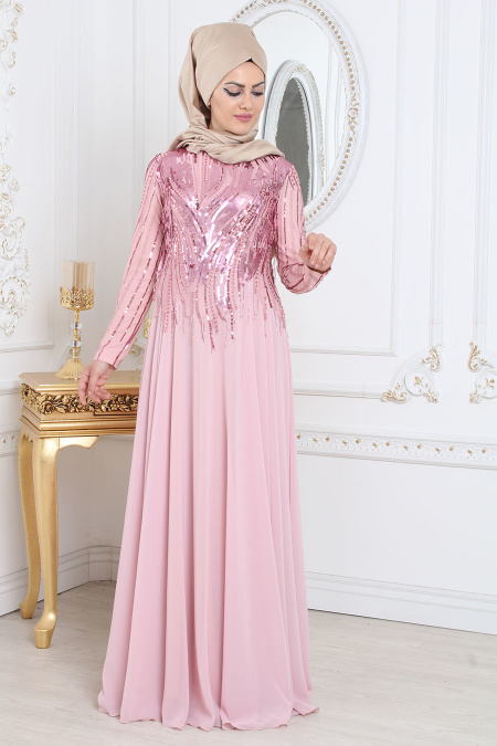 Evening Dresses - Salmon Pink Hijab Evening Dress 7962PD