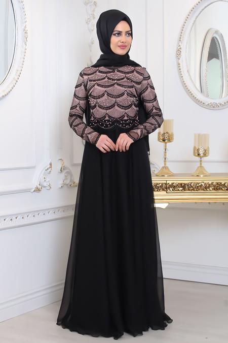Evening Dresses - Salmon Pink Hijab Evening Dress 80040SMN - 2