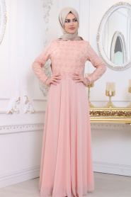 Evening Dresses - Salmon Pink Hijab Evening Dress 80160SMN - Thumbnail