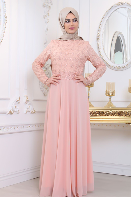 Evening Dresses - Salmon Pink Hijab Evening Dress 80160SMN
