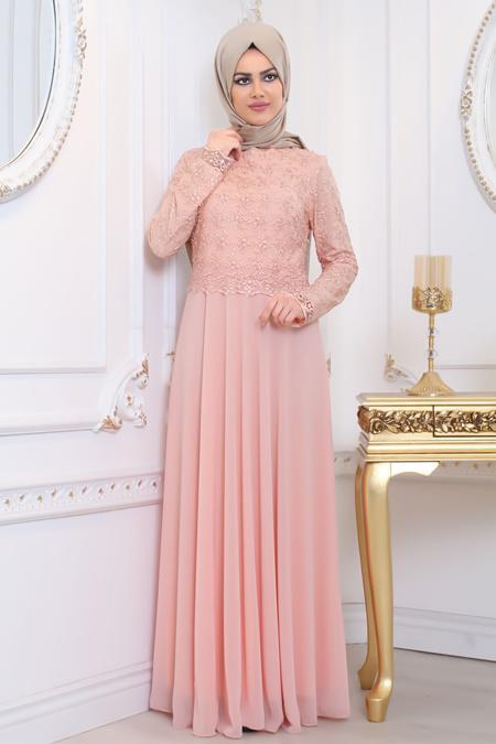 Evening Dresses - Salmon Pink Hijab Evening Dress 80160SMN - 2