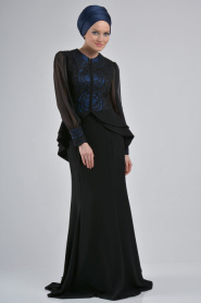 Evening Dresses - Sax Blue Black Hijab Dress 9003SXS - Thumbnail