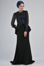 Evening Dresses - Sax Blue Black Hijab Dress 9003SXS - Thumbnail