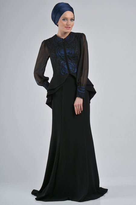Evening Dresses - Sax Blue Black Hijab Dress 9003SXS