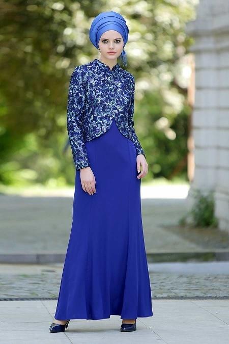 Evening Dresses - Sax Blue Hijab Dress 2131SX - 4