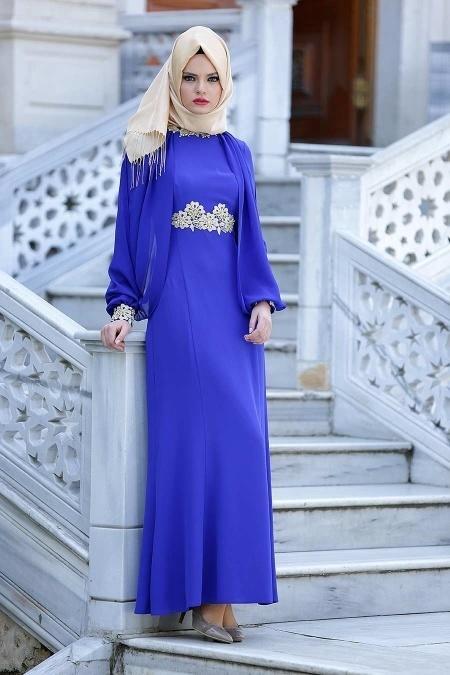 Evening Dresses - Sax Blue Hijab Dress 2137SX - 3