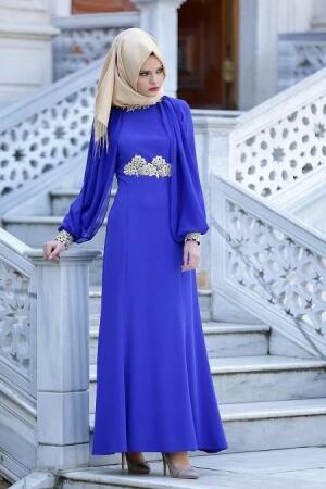 Evening Dresses - Sax Blue Hijab Dress 2137SX - 2