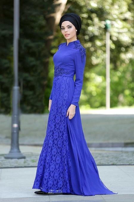 Evening Dresses - Sax Blue Hijab Dress 2222SX - 2