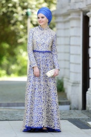 Evening Dresses - Sax Blue Hijab Dress 2226SX - Thumbnail