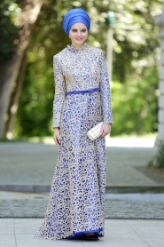 Evening Dresses - Sax Blue Hijab Dress 2226SX - Thumbnail