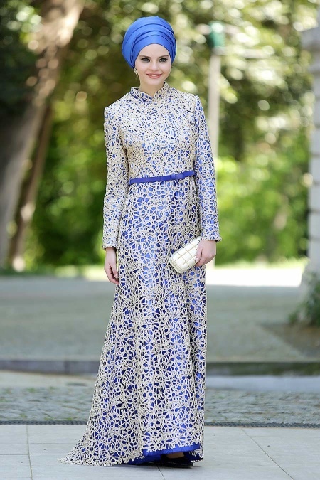 Evening Dresses - Sax Blue Hijab Dress 2226SX