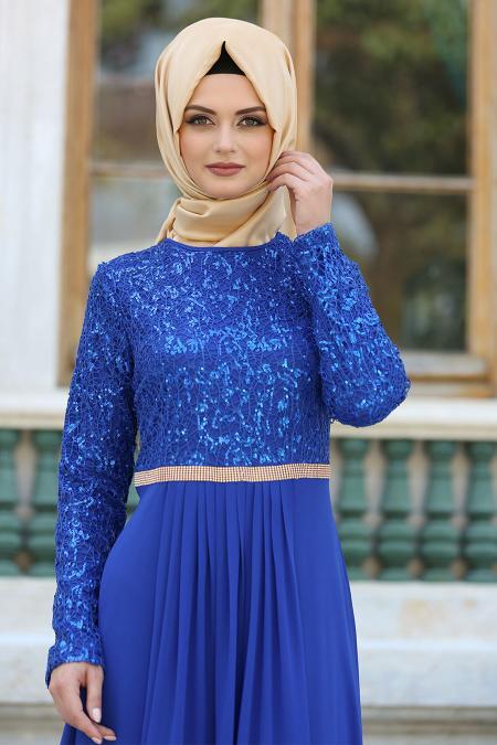 Evening Dresses - Sax Blue Hijab Dress 2799SX - 2