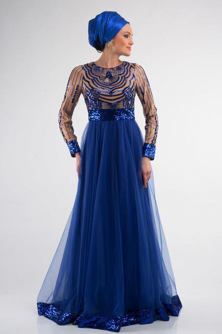 Evening Dresses - Sax Blue Hijab Dress 4033SX - 2