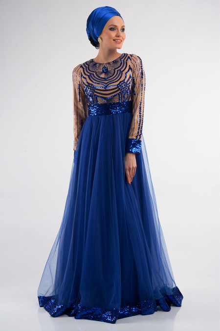 Evening Dresses - Sax Blue Hijab Dress 4033SX