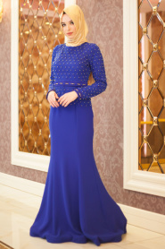 Evening Dresses - Sax Blue Hijab Dress 4155SX - Thumbnail