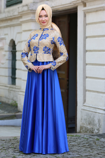 Evening Dresses - Sax Blue Hijab Dress 7367SX