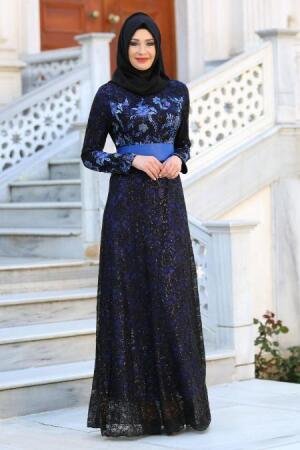 Evening Dresses - Sax Blue Hijab Dress 7487SX - 1