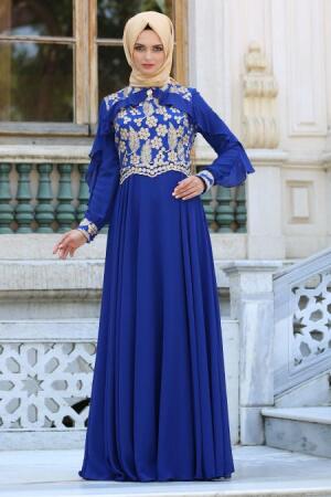 Evening Dresses - Sax Blue Hijab Dress 7498SX - 1