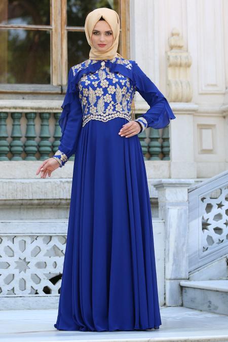 Evening Dresses - Sax Blue Hijab Dress 7498SX - 1