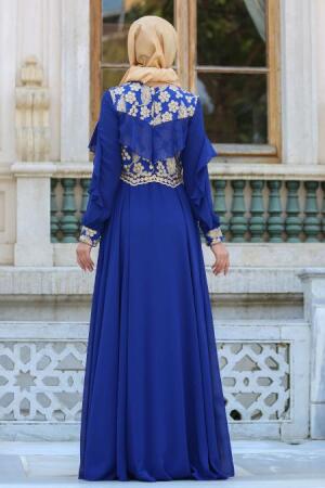 Evening Dresses - Sax Blue Hijab Dress 7498SX - 2