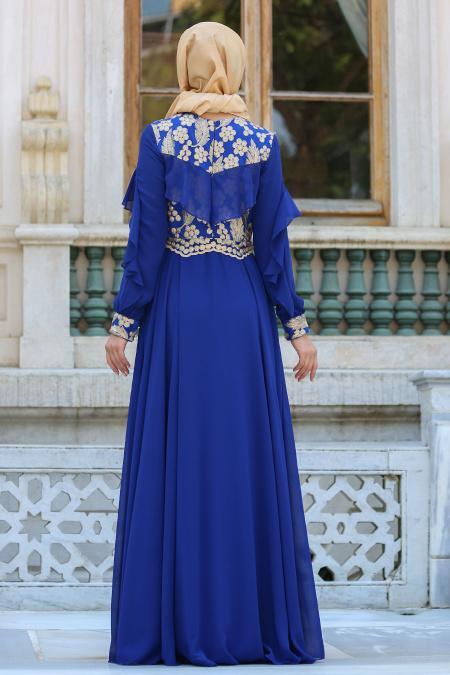 Evening Dresses - Sax Blue Hijab Dress 7498SX - 2