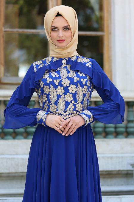 Evening Dresses - Sax Blue Hijab Dress 7498SX - 3