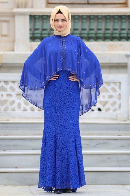 Evening Dresses - Sax Blue Hijab Dress 7658SX