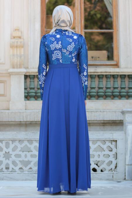 Evening Dresses - Sax Blue Hijab Dress 7694SX - 2
