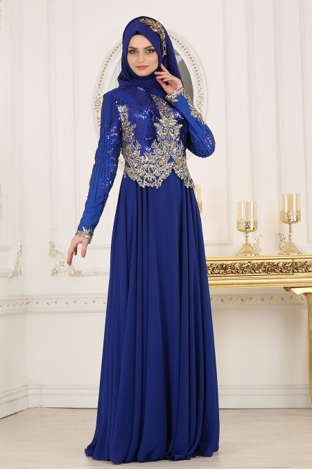 Evening Dresses - Sax Blue Hijab Dress 7973SX