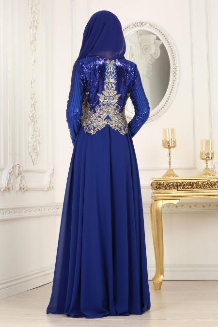 Evening Dresses - Sax Blue Hijab Dress 7973SX - 2