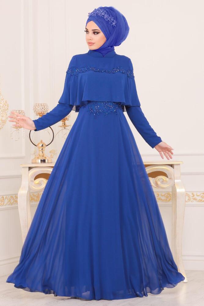 Evening Dresses - Sax Blue Hijab Evening Dress 36640SX - 2