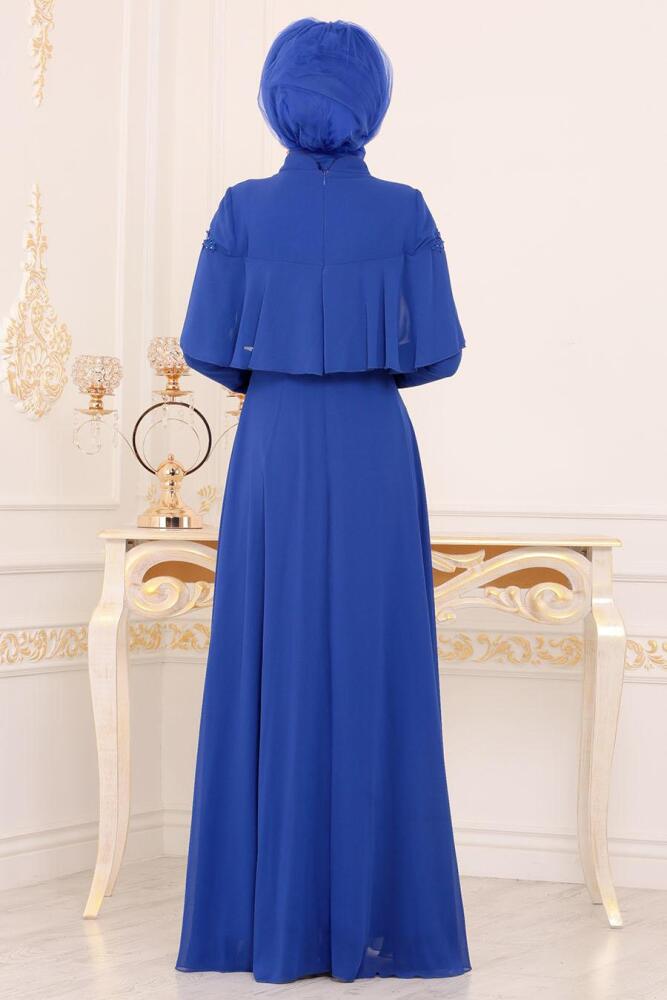Evening Dresses - Sax Blue Hijab Evening Dress 36640SX - 3
