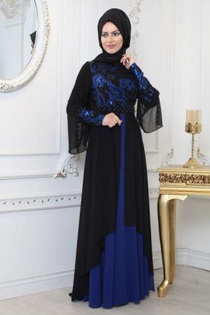 Evening Dresses - Sax Blue Hijab Evening Dress 7959SX - 1