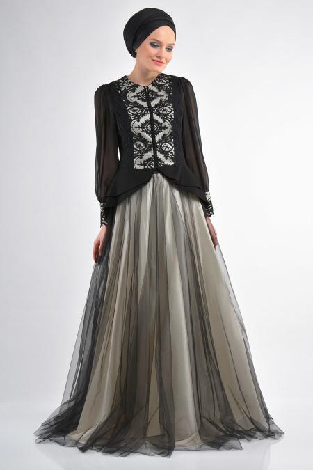 Evening Dresses - White-Black Hijab Dress 9004B - 2