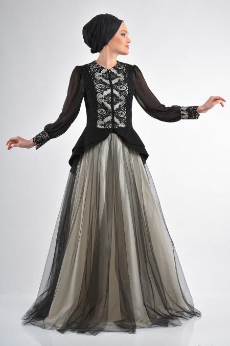 Evening Dresses - White-Black Hijab Dress 9004B - 3