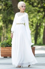 Evening Dresses - White Hijab Dress 2133B - Thumbnail