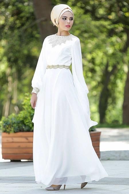 Evening Dresses - White Hijab Dress 2133B - 2