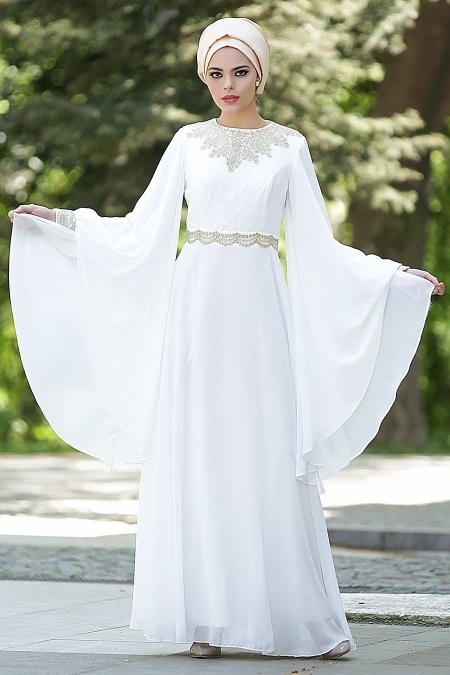 Evening Dresses - White Hijab Dress 2133B