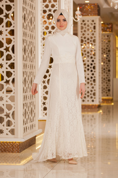 Evening Dresses - White Hijab Dress 2222B