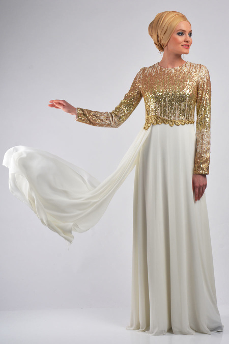 Evening Dresses - White Hijab Dress 3827B