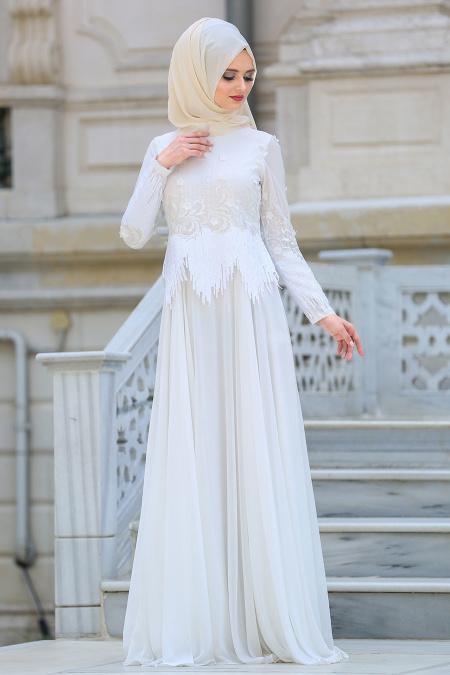 Evening Dresses - White Hijab Dress 3836B - 2