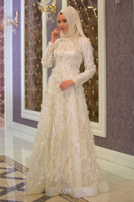 Evening Dresses - White Hijab Dress 4342B