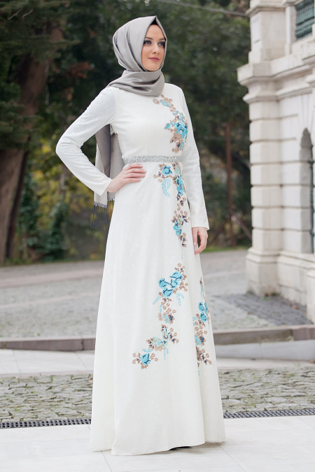Evening Dresses - White Pink Hijab Dress 4208B